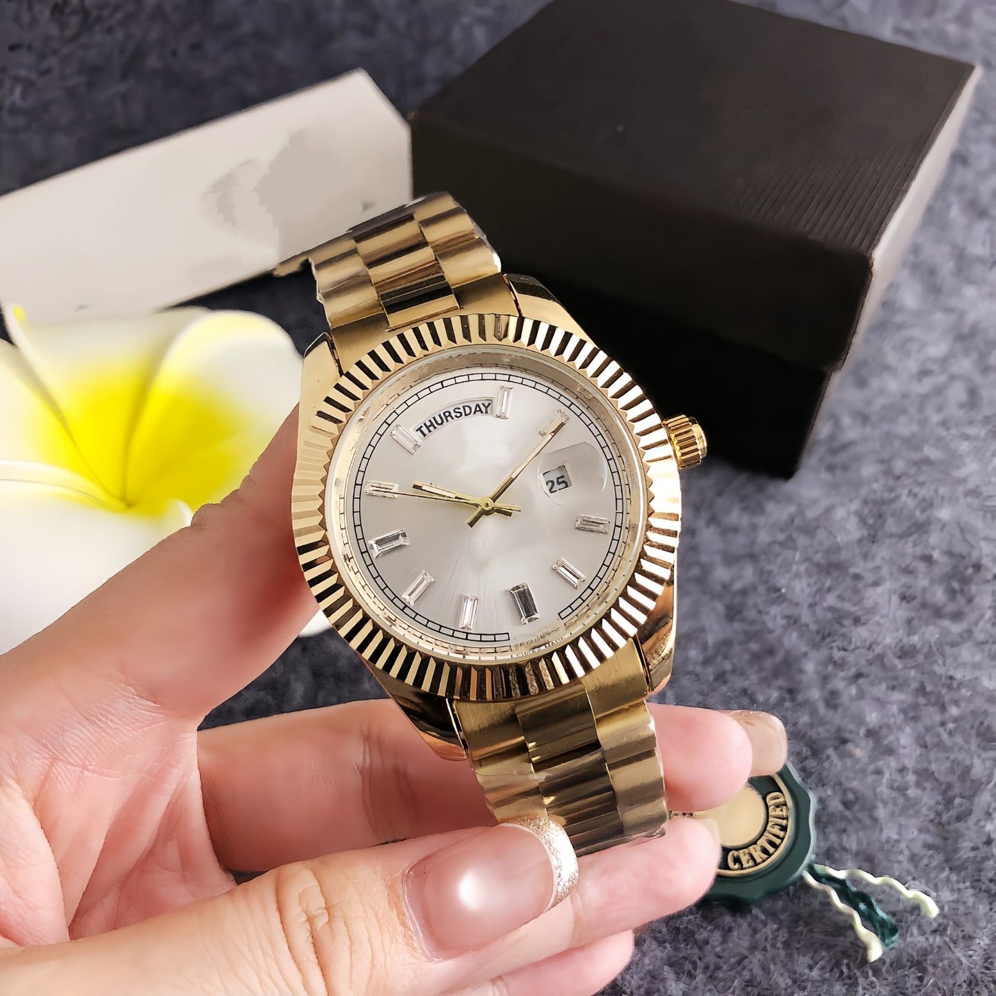 Classic Day-Date Style Watch, Diamond-Index Steel Band Wristwatch, Men's Luxury Waterproof Dress Watch