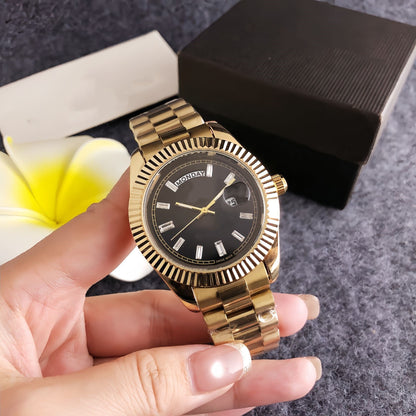 Classic Day-Date Style Watch, Diamond-Index Steel Band Wristwatch, Men's Luxury Waterproof Dress Watch