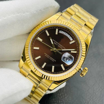 Classic Full-Gold Day-Date Watch, Diamond-Index President Bracelet Wristwatch, Men's Luxury Waterproof Dress Watch