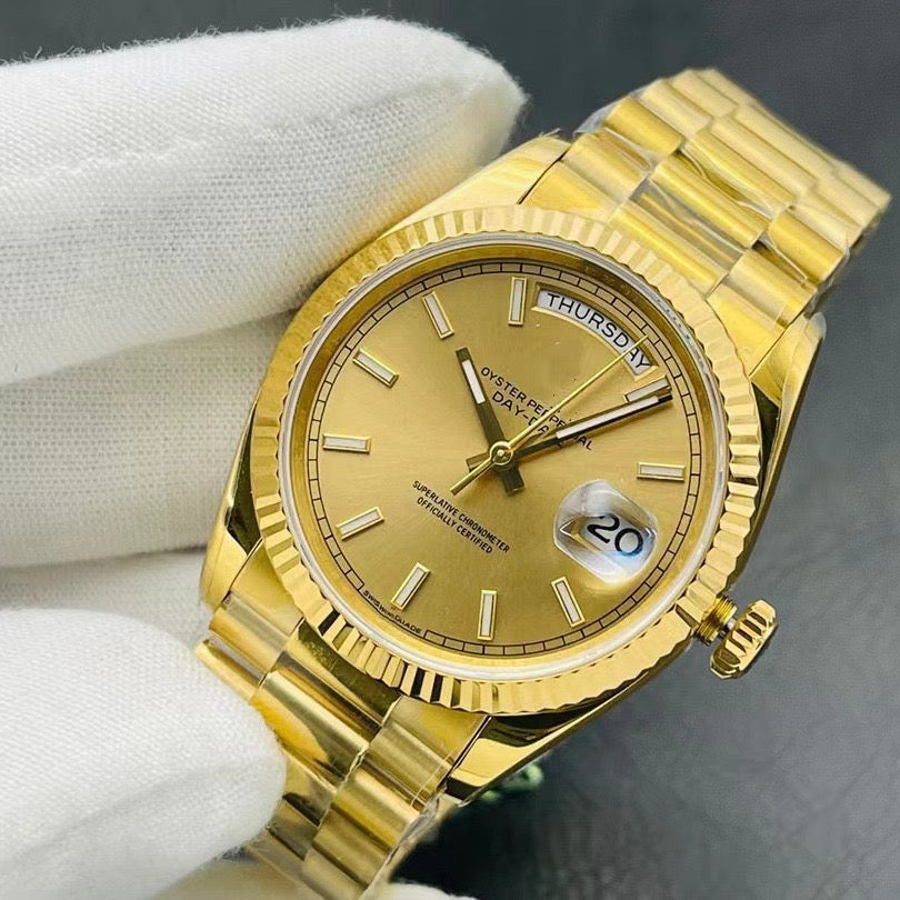 Classic Full-Gold Day-Date Watch, Diamond-Index President Bracelet Wristwatch, Men's Luxury Waterproof Dress Watch