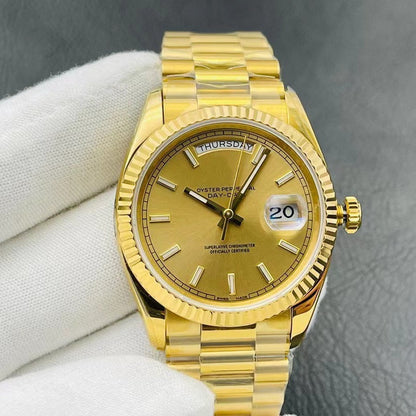 Classic Full-Gold Day-Date Watch, Diamond-Index President Bracelet Wristwatch, Men's Luxury Waterproof Dress Watch