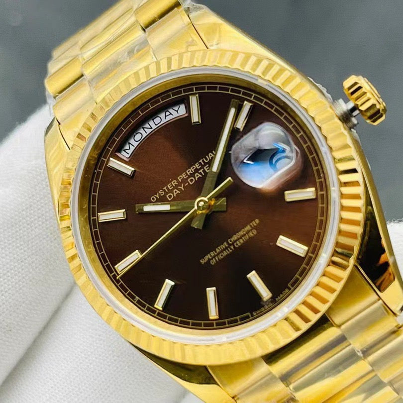 Classic Full-Gold Day-Date Watch, Diamond-Index President Bracelet Wristwatch, Men's Luxury Waterproof Dress Watch