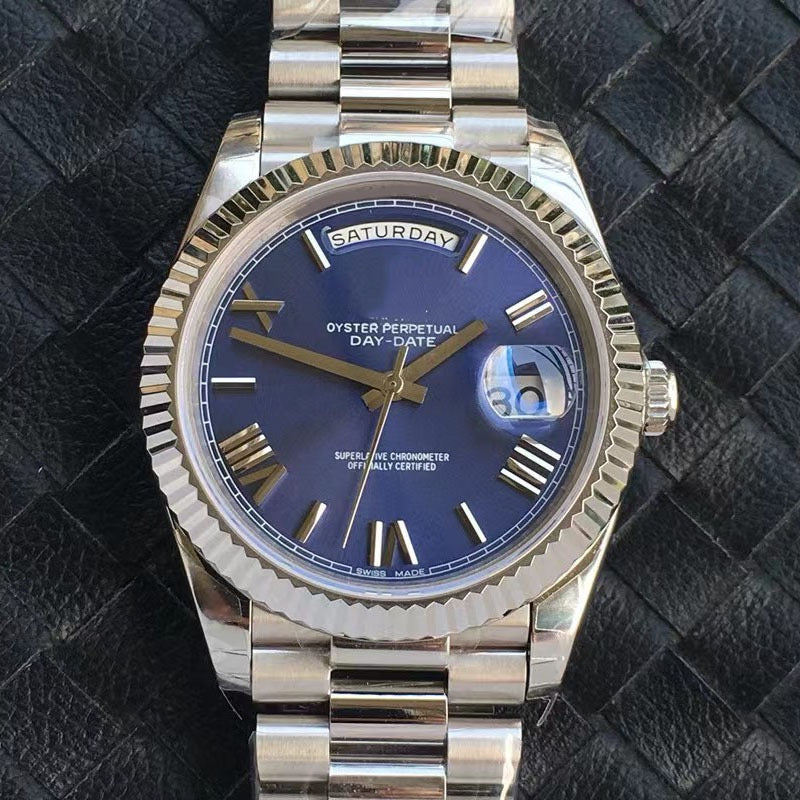 Classic Steel Day-Date Watch, Diamond/ Roman Index President Bracelet Wristwatch, Men's Luxury Waterproof Dress Watch