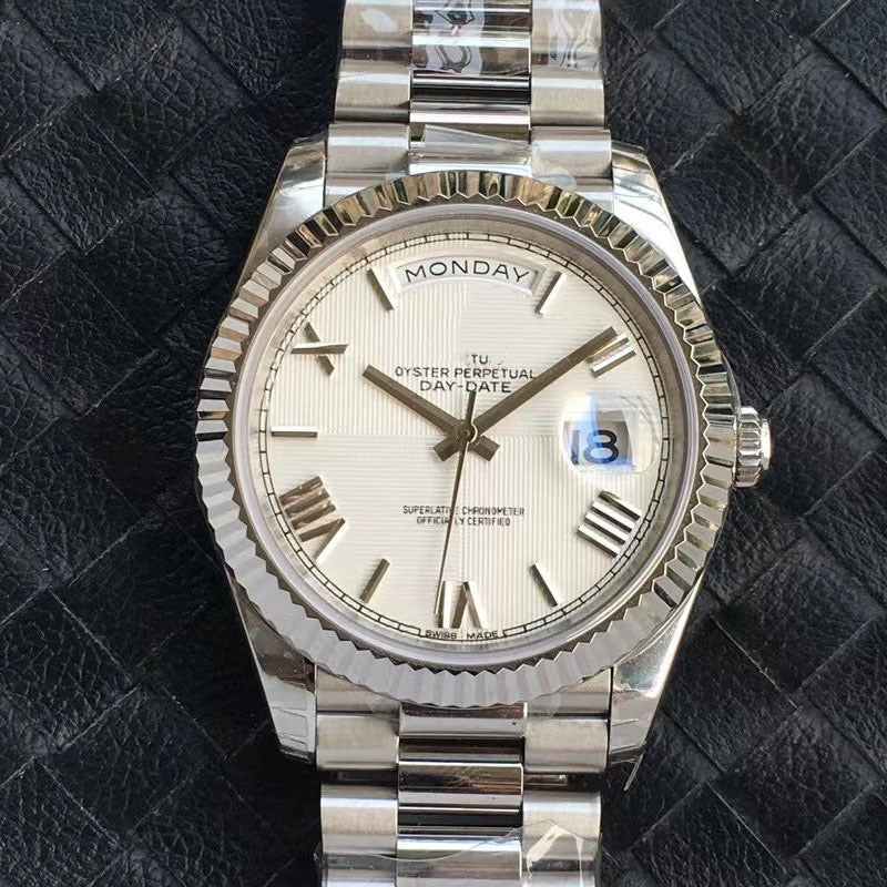 Classic Steel Day-Date Watch, Diamond/ Roman Index President Bracelet Wristwatch, Men's Luxury Waterproof Dress Watch