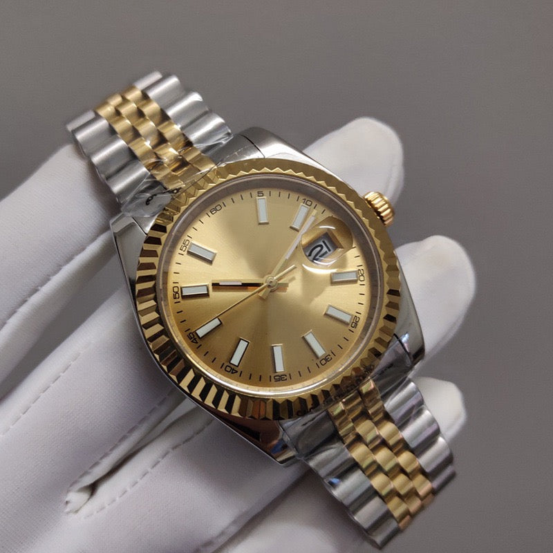 Classic Two-Tone Datejust Style Watch, Diamond-Index Steel-Gold Band Wristwatch, Men's Luxury Waterproof Dress Watch
