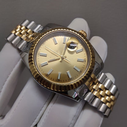 Classic Two-Tone Datejust Style Watch, Diamond-Index Steel-Gold Band Wristwatch, Men's Luxury Waterproof Dress Watch