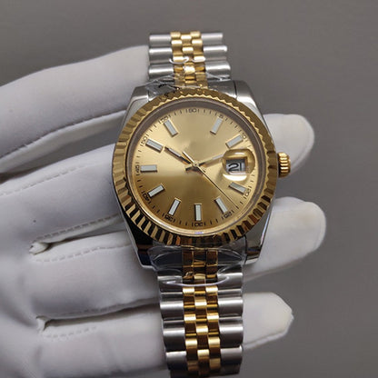 Classic Two-Tone Datejust Style Watch, Diamond-Index Steel-Gold Band Wristwatch, Men's Luxury Waterproof Dress Watch