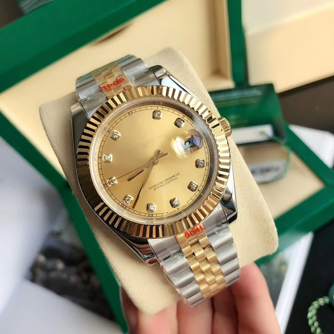 Classic Two-Tone Datejust Style Watch, Diamond-Index Steel-Gold Band Wristwatch, Men's Luxury Waterproof Dress Watch
