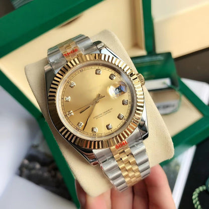 Classic Two-Tone Datejust Style Watch, Diamond-Index Steel-Gold Band Wristwatch, Men's Luxury Waterproof Dress Watch