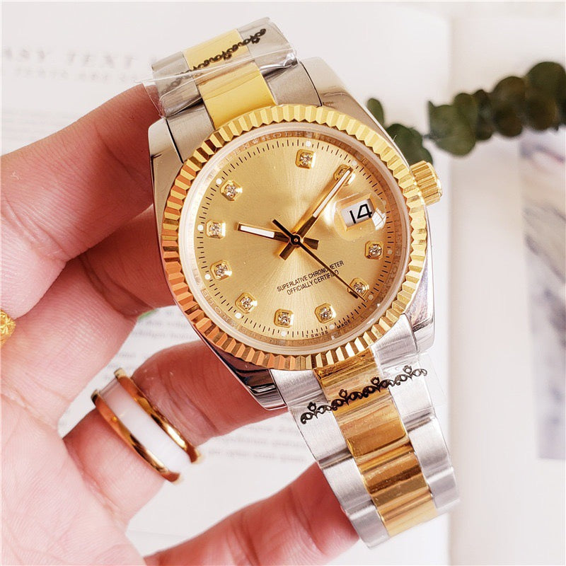 Classic Two-Tone Datejust Style Watch, Diamond-Index Steel-Gold Band Wristwatch, Men's Luxury Waterproof Dress Watch