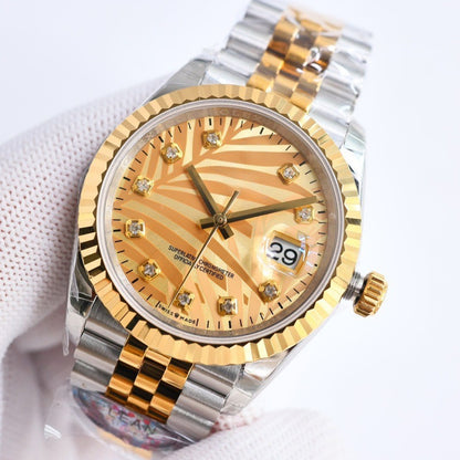 Classic Two-Tone Datejust Style Watch, Textured Dial Diamond-Index Steel-Gold Band Wristwatch, Luxury Waterproof Dress Watch