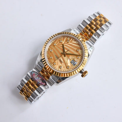 Classic Two-Tone Datejust Style Watch, Textured Dial Diamond-Index Steel-Gold Band Wristwatch, Luxury Waterproof Dress Watch