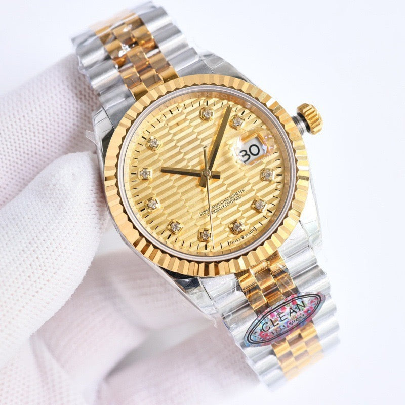 Classic Two-Tone Datejust Style Watch, Textured Dial Diamond-Index Steel-Gold Band Wristwatch, Luxury Waterproof Dress Watch