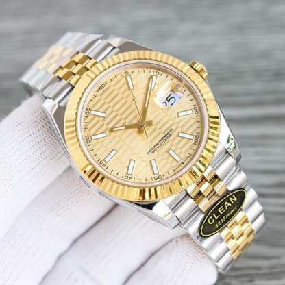 Classic Two-Tone Datejust Style Watch, Textured Dial Diamond-Index Steel-Gold Band Wristwatch, Luxury Waterproof Dress Watch