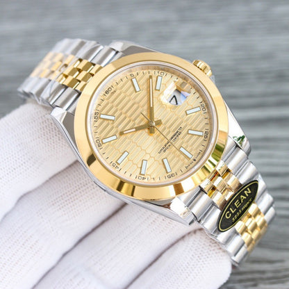 Classic Two-Tone Datejust Style Watch, Textured Dial Diamond-Index Steel-Gold Band Wristwatch, Luxury Waterproof Dress Watch