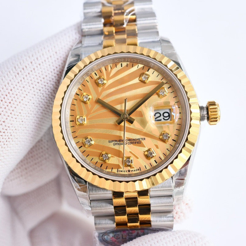 Classic Two-Tone Datejust Style Watch, Textured Dial Diamond-Index Steel-Gold Band Wristwatch, Luxury Waterproof Dress Watch