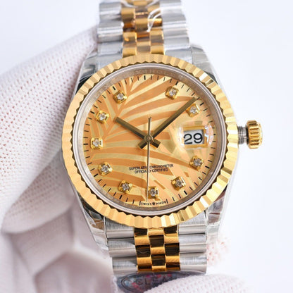 Classic Two-Tone Datejust Style Watch, Textured Dial Diamond-Index Steel-Gold Band Wristwatch, Luxury Waterproof Dress Watch