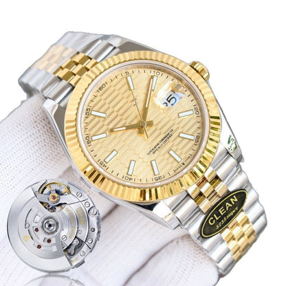Classic Two-Tone Datejust Style Watch, Textured Dial Diamond-Index Steel-Gold Band Wristwatch, Luxury Waterproof Dress Watch