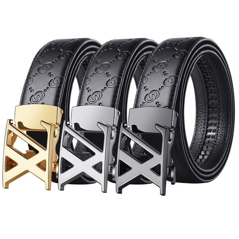 Men's Embossed Automatic Buckle Belt, Casual Versatile Letter-Buckle Strap, Durable Dress & Jean Belt