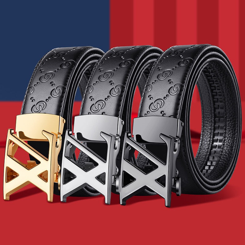 Men's Embossed Automatic Buckle Belt, Casual Versatile Letter-Buckle Strap, Durable Dress & Jean Belt