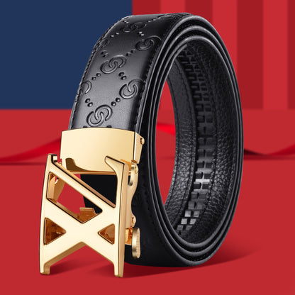 Men's Embossed Automatic Buckle Belt, Casual Versatile Letter-Buckle Strap, Durable Dress & Jean Belt