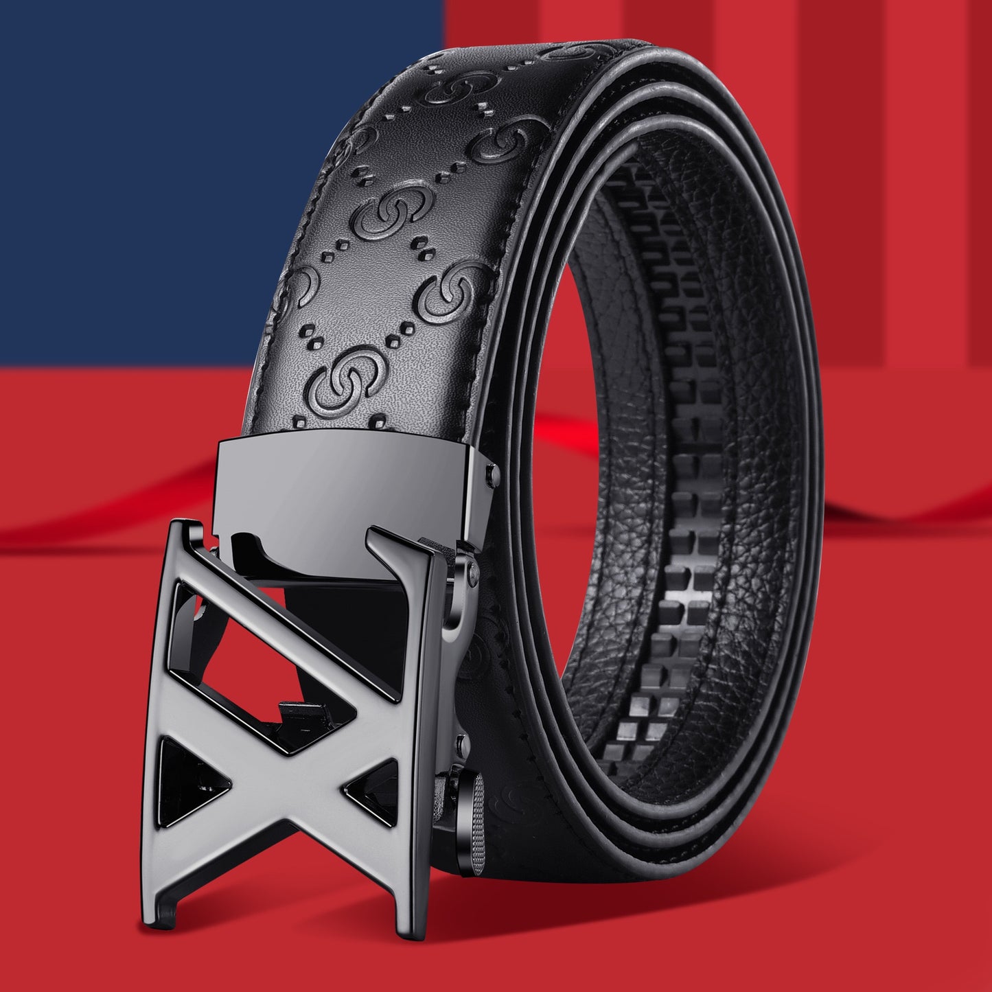 Men's Embossed Automatic Buckle Belt, Casual Versatile Letter-Buckle Strap, Durable Dress & Jean Belt