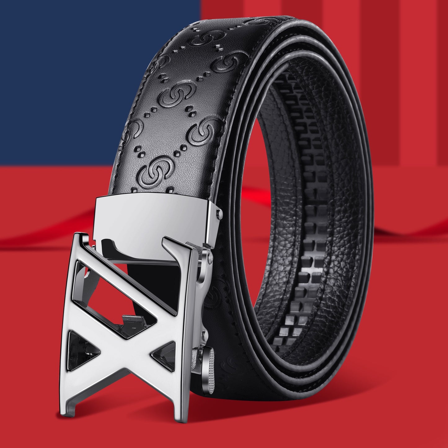Men's Embossed Automatic Buckle Belt, Casual Versatile Letter-Buckle Strap, Durable Dress & Jean Belt
