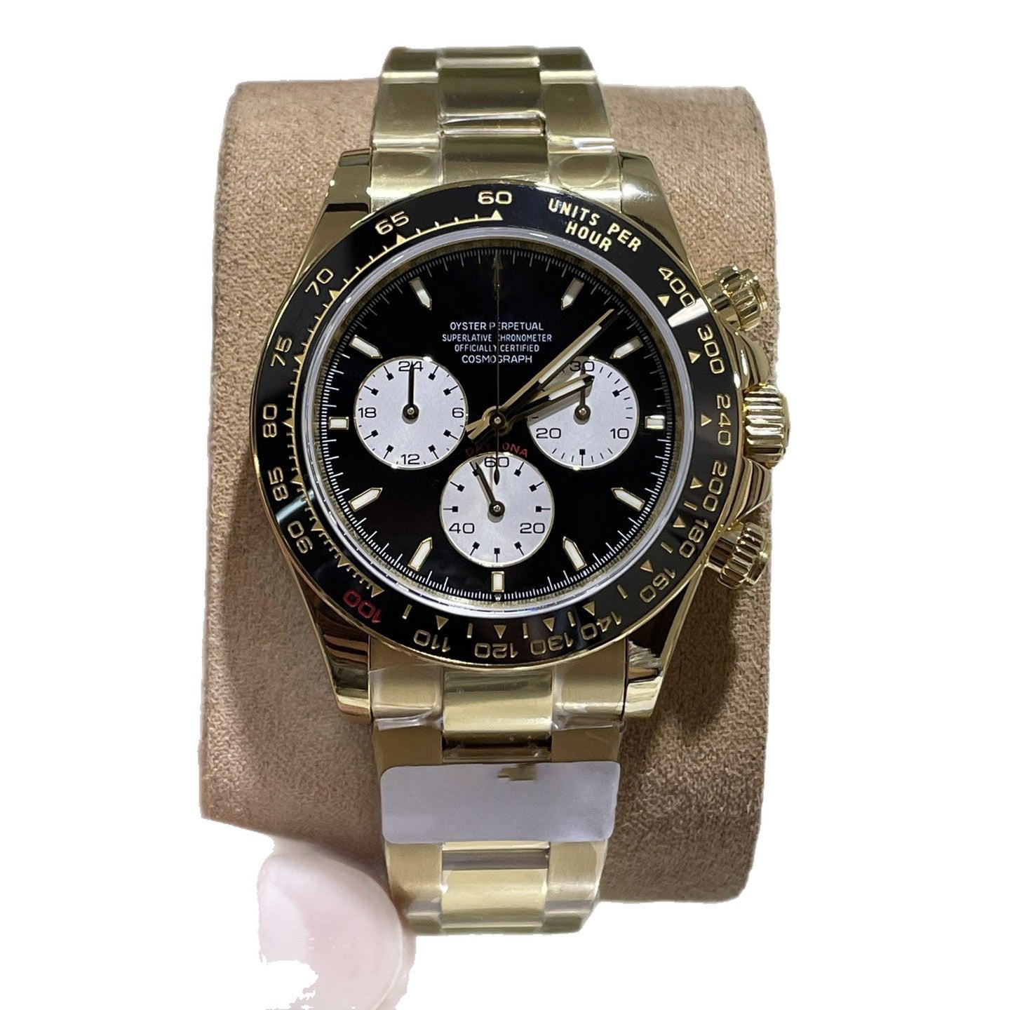 Sport Chronograph Full-Gold Watch, Ceramic Bezel Panda Dial Men's Steel Band Wristwatch, Luxury Waterproof Chronograph