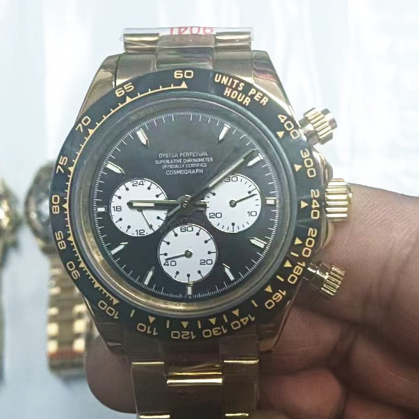 Sport Chronograph Full-Gold Watch, Ceramic Bezel Panda Dial Men's Steel Band Wristwatch, Luxury Waterproof Chronograph