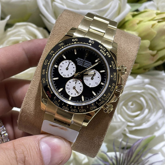 【#A105】Sport Chronograph Full-Gold Watch, Ceramic Bezel Panda Dial Men's Steel Band Wristwatch, Luxury Waterproof Chronograph