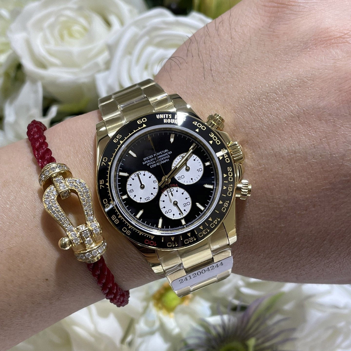 Sport Chronograph Full-Gold Watch, Ceramic Bezel Panda Dial Men's Steel Band Wristwatch, Luxury Waterproof Chronograph
