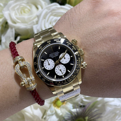 Sport Chronograph Full-Gold Watch, Ceramic Bezel Panda Dial Men's Steel Band Wristwatch, Luxury Waterproof Chronograph