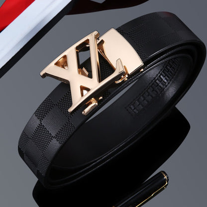 Men's Embossed Check Pattern Automatic Buckle Belt, Casual Versatile Letter-Buckle Cowhide Strap, Durable Dress & Jean Belt