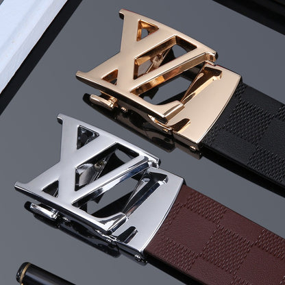 Men's Embossed Check Pattern Automatic Buckle Belt, Casual Versatile Letter-Buckle Cowhide Strap, Durable Dress & Jean Belt