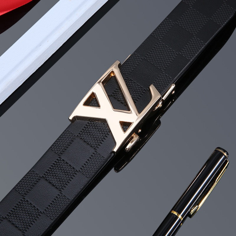 Men's Embossed Check Pattern Automatic Buckle Belt, Casual Versatile Letter-Buckle Cowhide Strap, Durable Dress & Jean Belt