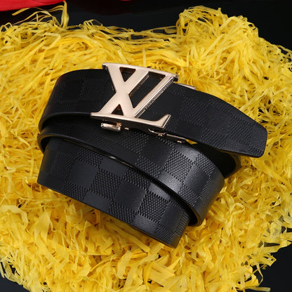 Men's Embossed Check Pattern Automatic Buckle Belt, Casual Versatile Letter-Buckle Cowhide Strap, Durable Dress & Jean Belt