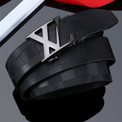 Men's Embossed Check Pattern Automatic Buckle Belt, Casual Versatile Letter-Buckle Cowhide Strap, Durable Dress & Jean Belt