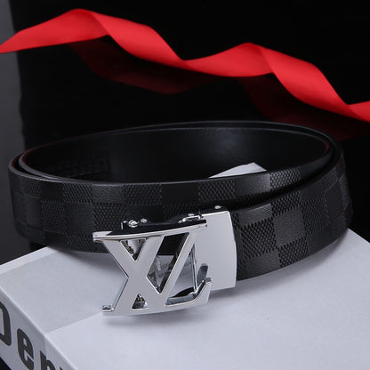 Men's Embossed Check Pattern Automatic Buckle Belt, Casual Versatile Letter-Buckle Cowhide Strap, Durable Dress & Jean Belt