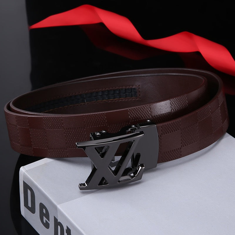 Men's Embossed Check Pattern Automatic Buckle Belt, Casual Versatile Letter-Buckle Cowhide Strap, Durable Dress & Jean Belt