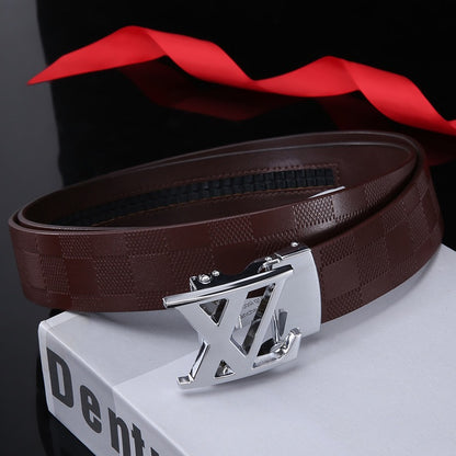 Men's Embossed Check Pattern Automatic Buckle Belt, Casual Versatile Letter-Buckle Cowhide Strap, Durable Dress & Jean Belt