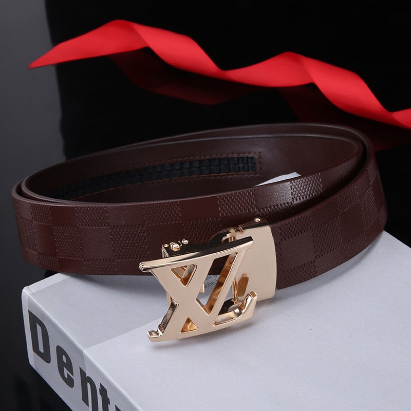 Men's Embossed Check Pattern Automatic Buckle Belt, Casual Versatile Letter-Buckle Cowhide Strap, Durable Dress & Jean Belt