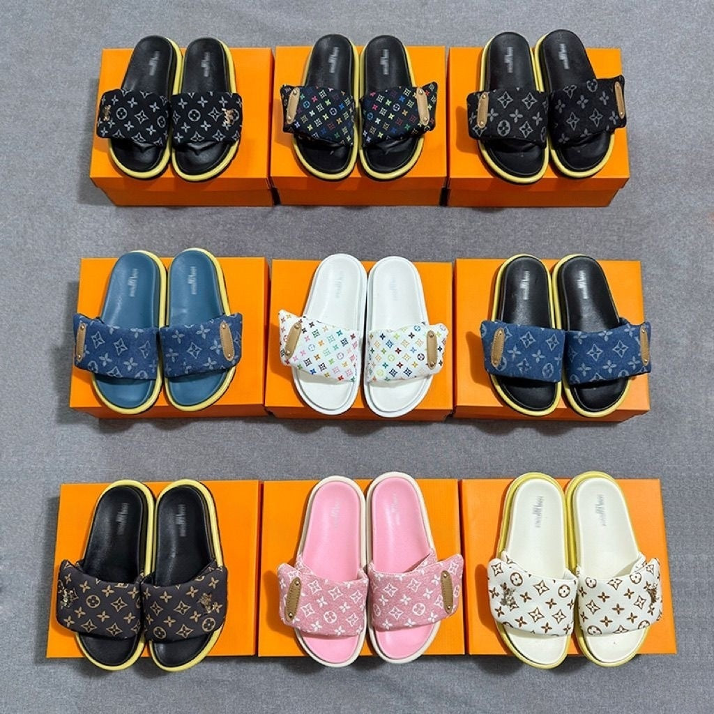 Monogram Print Adjustable Slide Sandals