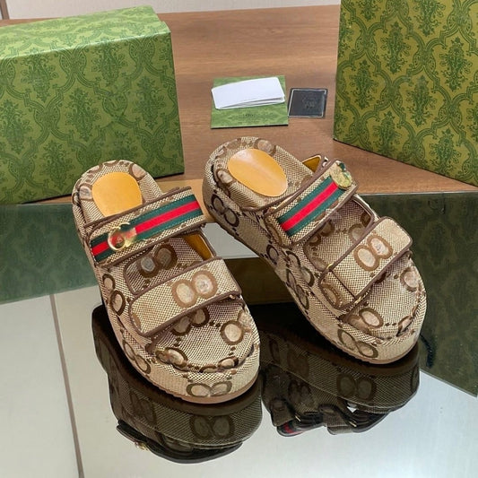 Monogram Jacquard Platform Slide Sandals with Striped Detail