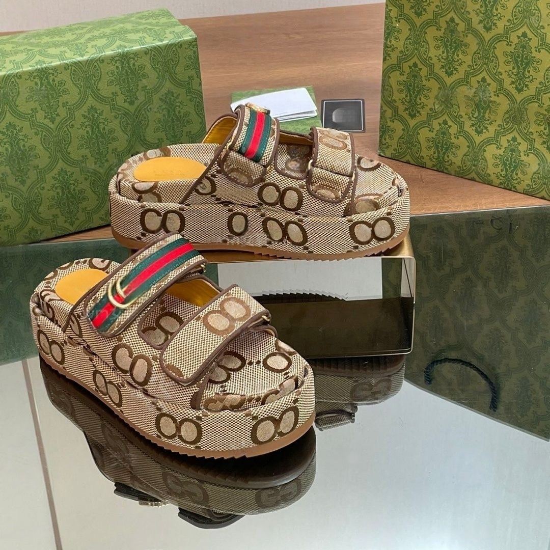 Monogram Jacquard Platform Slide Sandals with Striped Detail