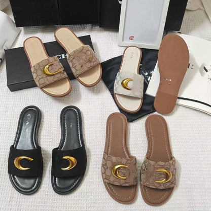 Monogram Fabric Slide Sandals with Gold-Tone Metal Buckle
