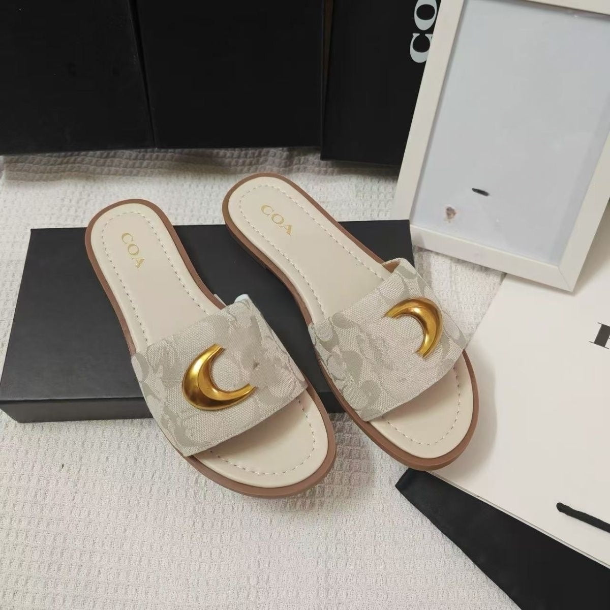 Monogram Fabric Slide Sandals with Gold-Tone Metal Buckle