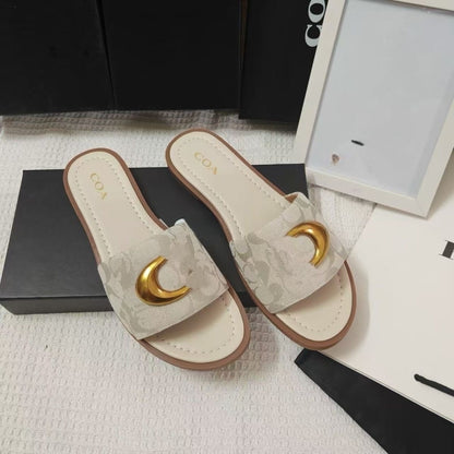 Monogram Fabric Slide Sandals with Gold-Tone Metal Buckle
