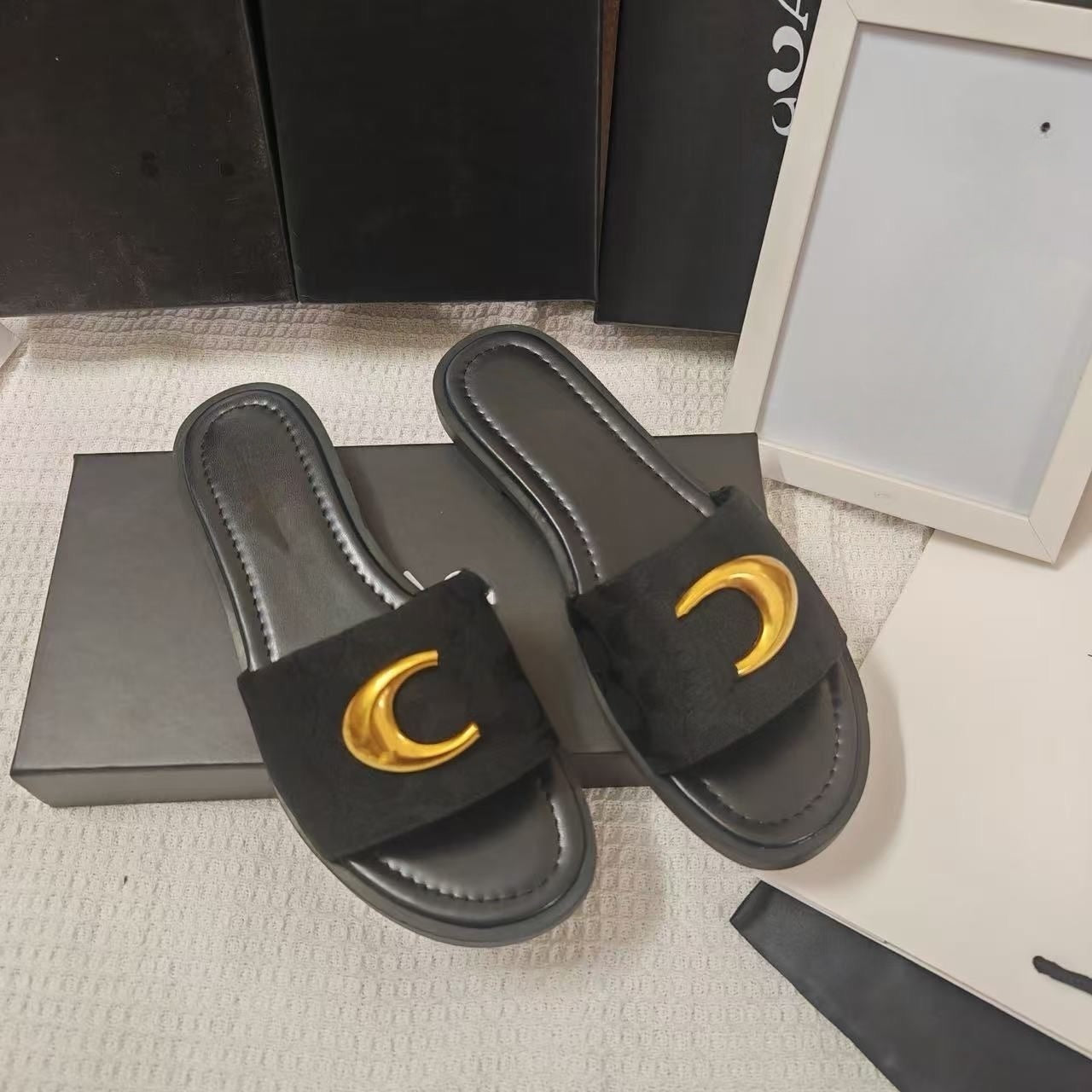 Monogram Fabric Slide Sandals with Gold-Tone Metal Buckle