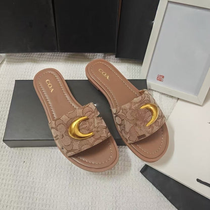 Monogram Fabric Slide Sandals with Gold-Tone Metal Buckle