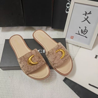 Monogram Fabric Slide Sandals with Gold-Tone Metal Buckle